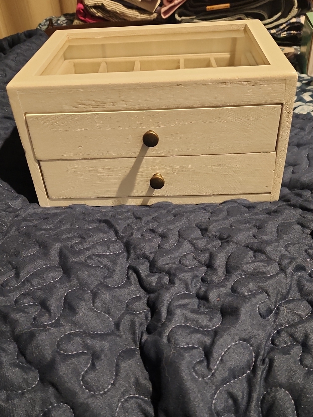 White Wood Jewelry Organizer Box with Glass Top